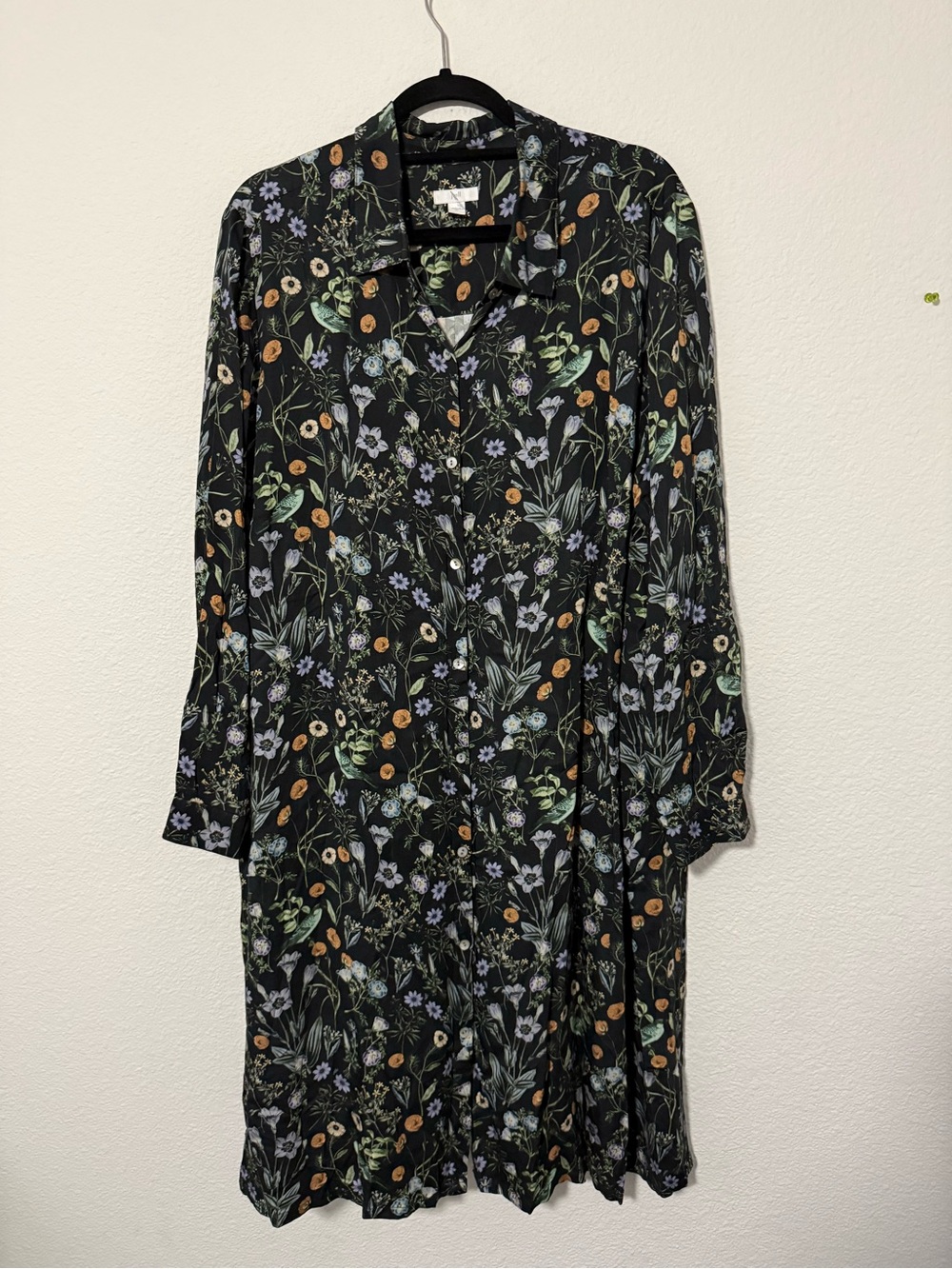 J JILL Black Floral Long Sleeve Button-Front Dress   V3